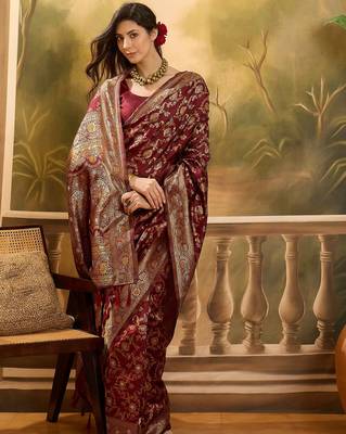 regal maroon banarasi jacquard saree with zari weaving & tassel pallu     unstitched blouse 2
