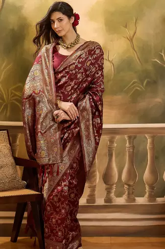 regal maroon banarasi jacquard saree with zari weaving & tassel pallu     unstitched blouse