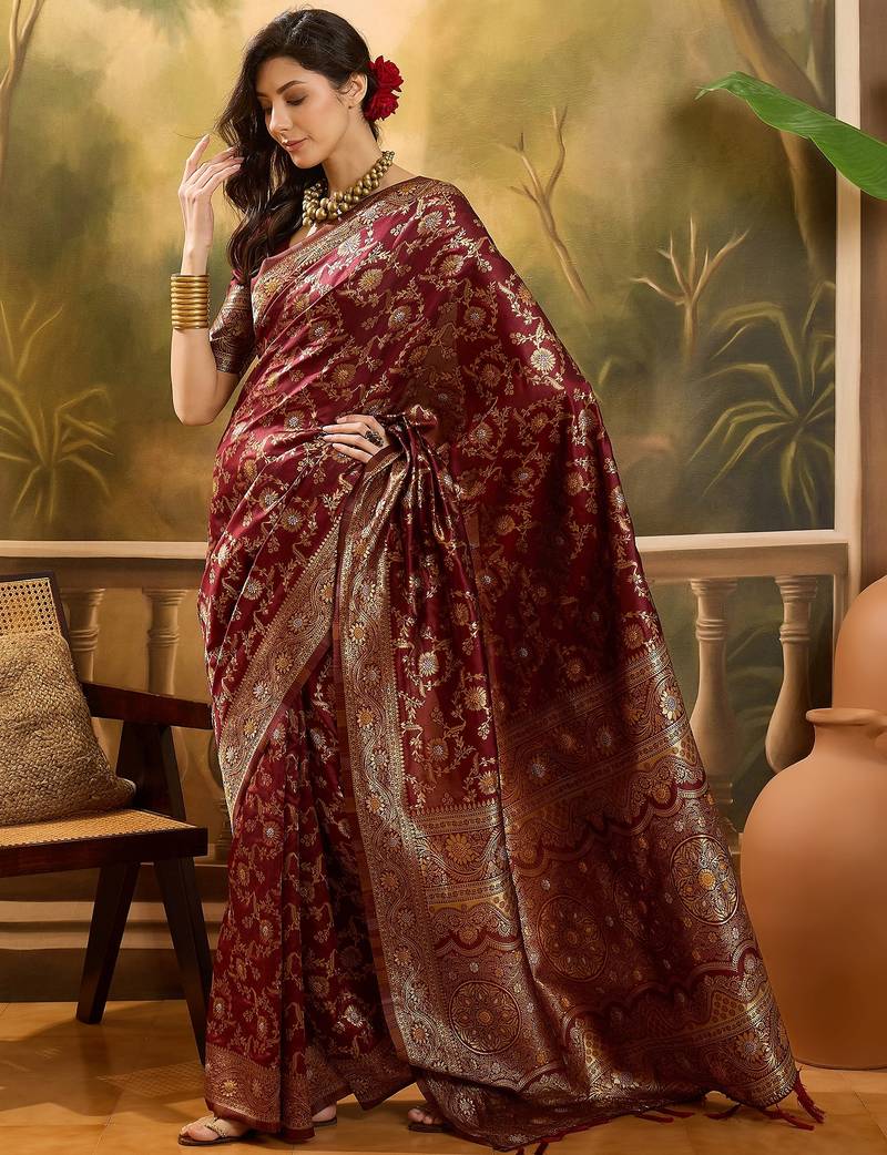 regal maroon banarasi jacquard saree with zari weaving & tassel pallu     unstitched blouse