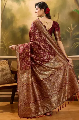 regal maroon banarasi jacquard saree with zari weaving & tassel pallu     unstitched blouse