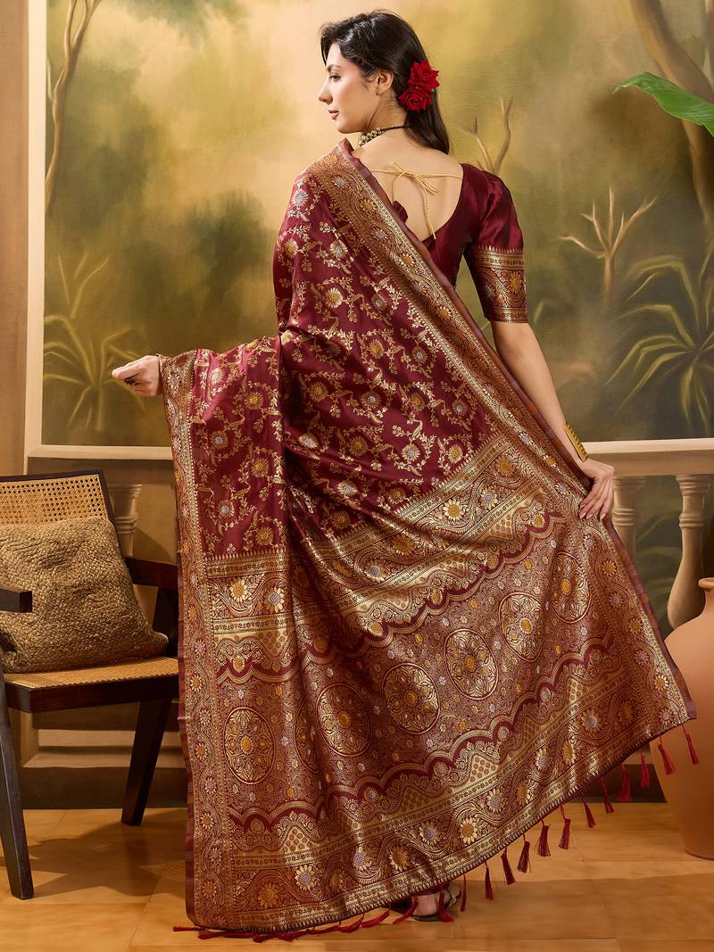 regal maroon banarasi jacquard saree with zari weaving & tassel pallu     unstitched blouse