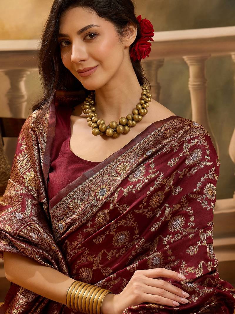 regal maroon banarasi jacquard saree with zari weaving & tassel pallu     unstitched blouse
