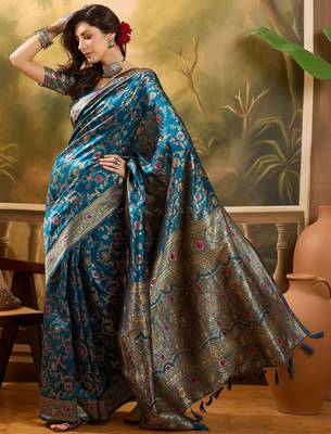 teal blue banarasi jacquard saree with golden zari weaving & tassel pallu     unstitched blouse 3