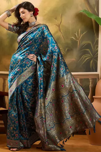 teal blue banarasi jacquard saree with golden zari weaving & tassel pallu     unstitched blouse