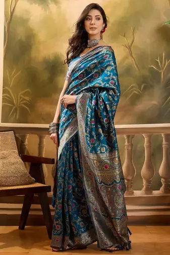 teal blue banarasi jacquard saree with golden zari weaving & tassel pallu     unstitched blouse