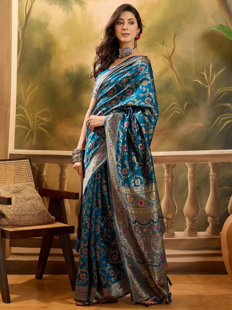 teal blue banarasi jacquard saree with golden zari weaving & tassel pallu     unstitched blouse