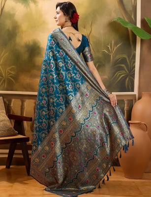 teal blue banarasi jacquard saree with golden zari weaving & tassel pallu     unstitched blouse 5