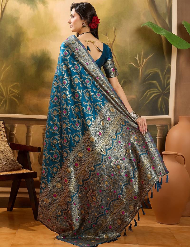 teal blue banarasi jacquard saree with golden zari weaving & tassel pallu     unstitched blouse
