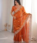 Orange silk blend with embroidery work saree with blouse