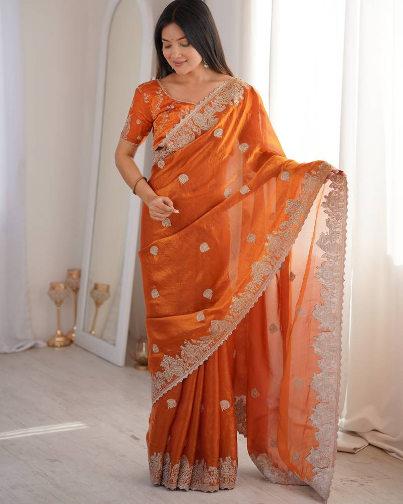 Orange silk blend with embroidery work saree with blouse