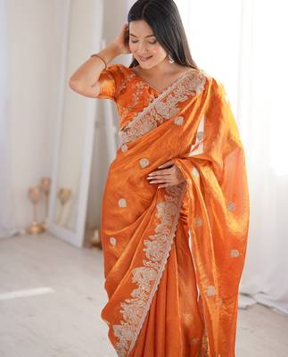 Orange silk blend with embroidery work saree with blouse 2