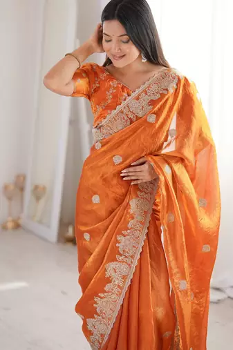Orange silk blend with embroidery work saree with blouse