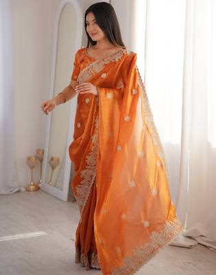 Orange silk blend with embroidery work saree with blouse 3