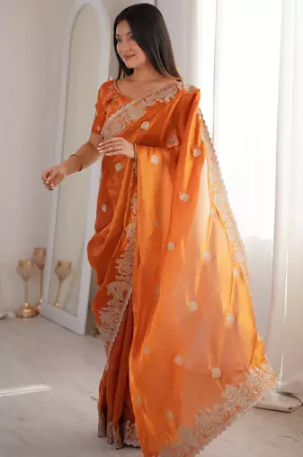 Orange silk blend with embroidery work saree with blouse