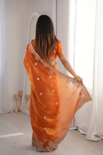 Orange silk blend with embroidery work saree with blouse