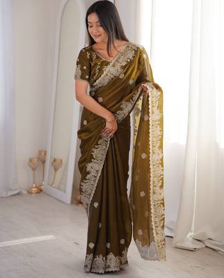 Mehendi silk blend with embroidery work saree with blouse 1