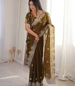 Mehendi silk blend with embroidery work saree with blouse