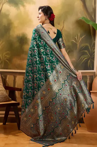 green banarasi jacquard saree with golden zari weaving & tassel pallu     unstitched blouse