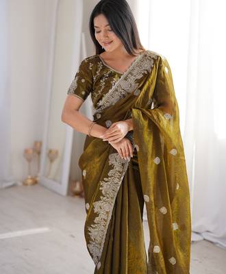 Mehendi silk blend with embroidery work saree with blouse 2