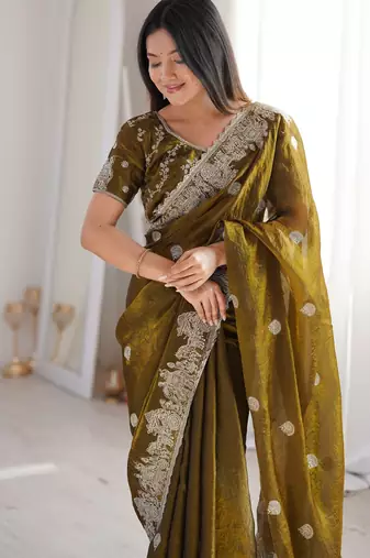 Mehendi silk blend with embroidery work saree with blouse