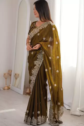 Mehendi silk blend with embroidery work saree with blouse
