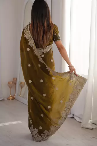 Mehendi silk blend with embroidery work saree with blouse