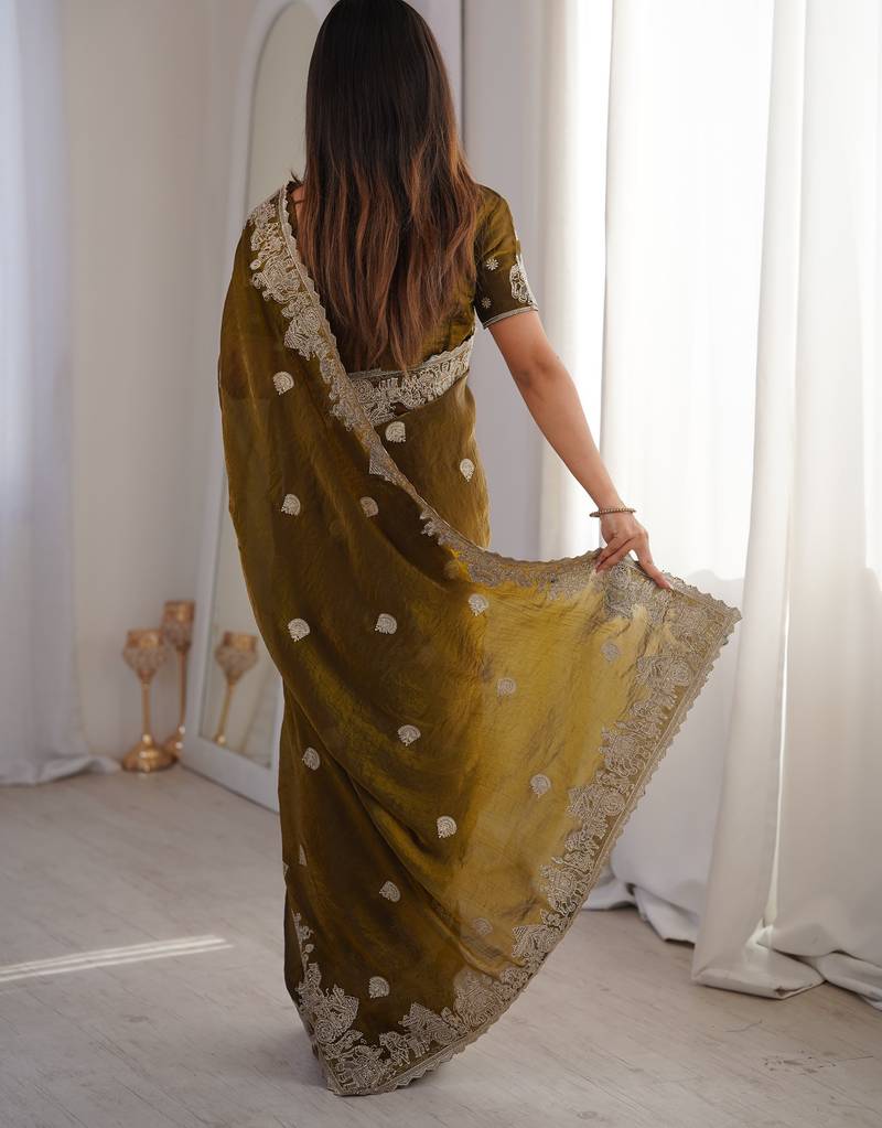 Mehendi silk blend with embroidery work saree with blouse