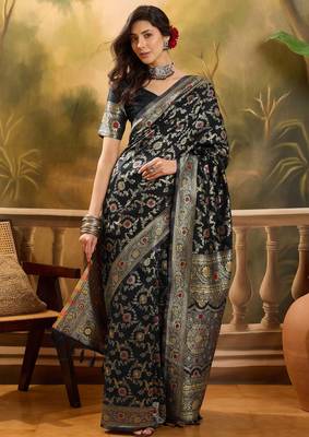 black banarasi jacquard saree with golden zari weaving & tassel pallu     unstitched blouse 1