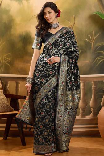 black banarasi jacquard saree with golden zari weaving & tassel pallu     unstitched blouse
