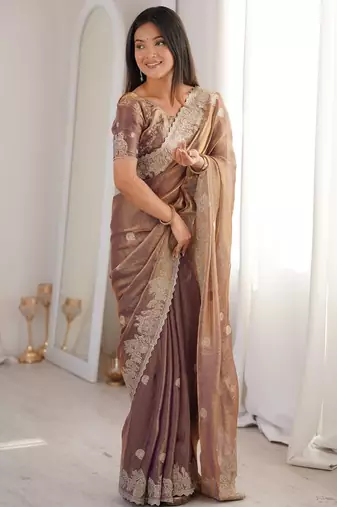 Mauve silk blend with embroidery work saree with blouse