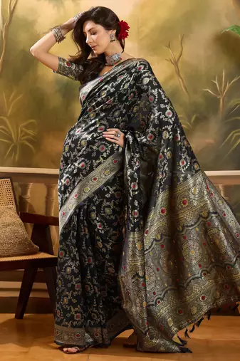 black banarasi jacquard saree with golden zari weaving & tassel pallu     unstitched blouse