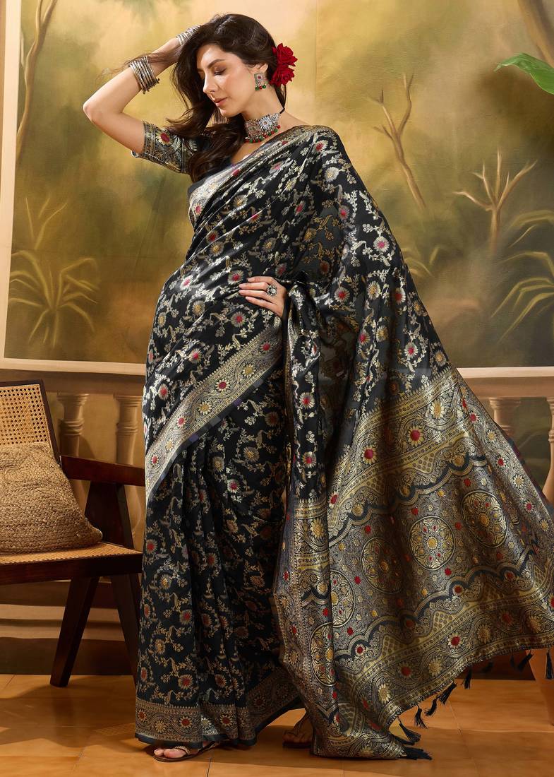 black banarasi jacquard saree with golden zari weaving & tassel pallu     unstitched blouse