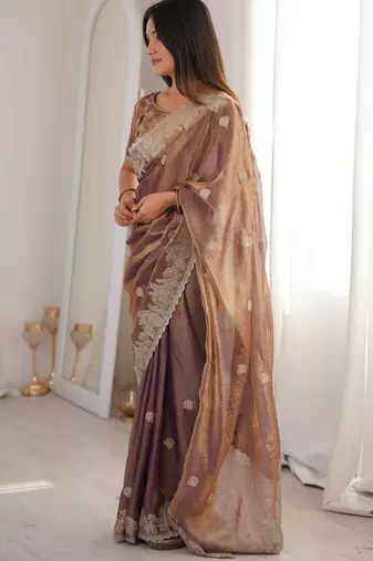 Mauve silk blend with embroidery work saree with blouse