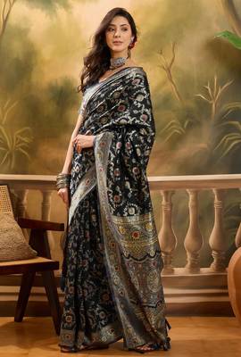 black banarasi jacquard saree with golden zari weaving & tassel pallu     unstitched blouse 3