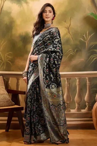 black banarasi jacquard saree with golden zari weaving & tassel pallu     unstitched blouse