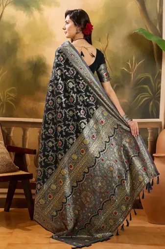 black banarasi jacquard saree with golden zari weaving & tassel pallu     unstitched blouse