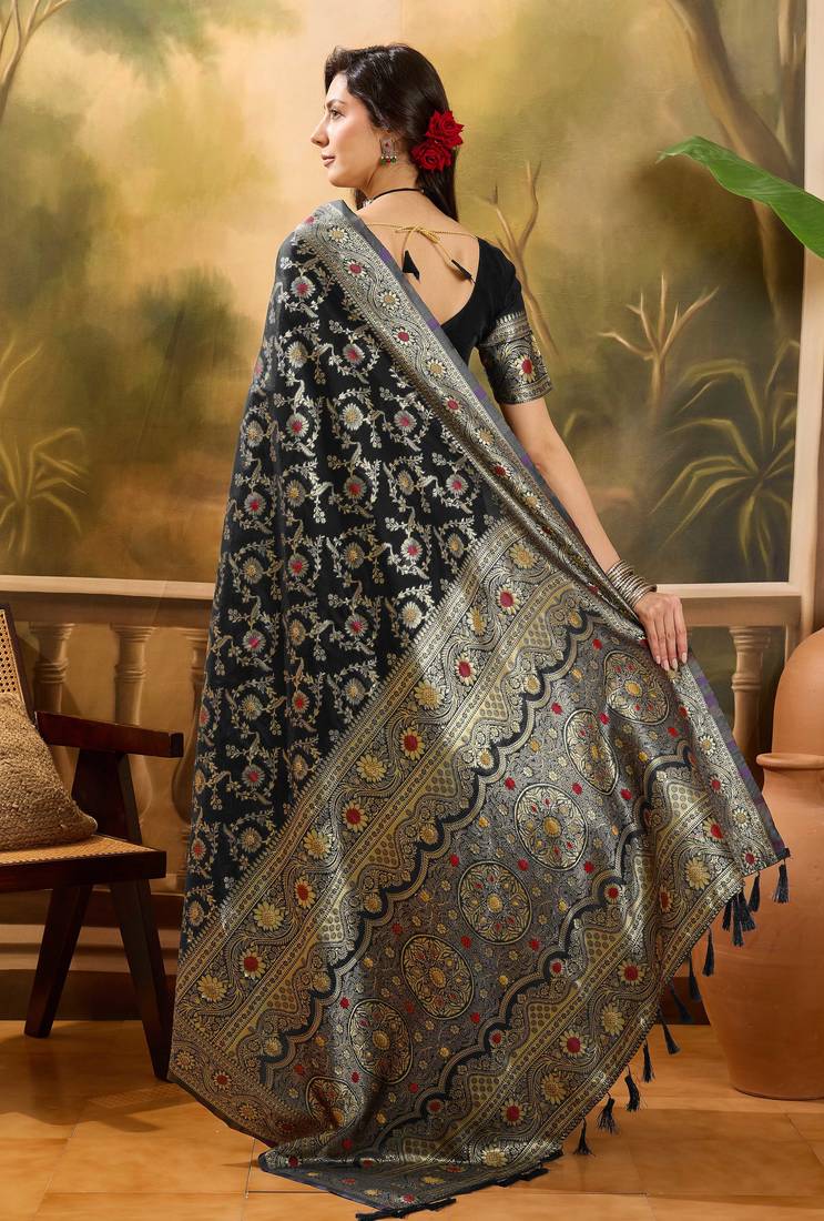 black banarasi jacquard saree with golden zari weaving & tassel pallu     unstitched blouse