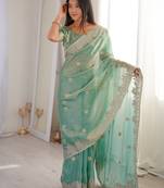 Sky blue silk blend with embroidery work saree with blouse