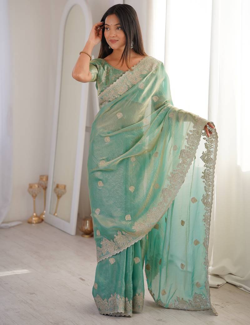 Sky blue silk blend with embroidery work saree with blouse
