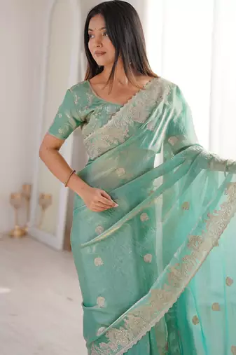 Sky blue silk blend with embroidery work saree with blouse