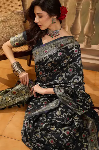 black banarasi jacquard saree with golden zari weaving & tassel pallu     unstitched blouse