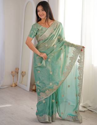 Sky blue silk blend with embroidery work saree with blouse 3