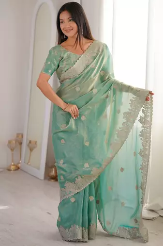 Sky blue silk blend with embroidery work saree with blouse