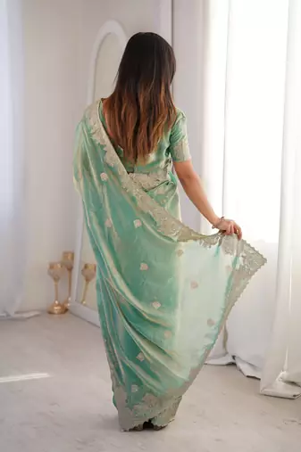 Sky blue silk blend with embroidery work saree with blouse