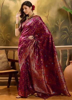 wine banarasi jacquard saree with golden zari weaving & tassel pallu     unstitched blouse 2