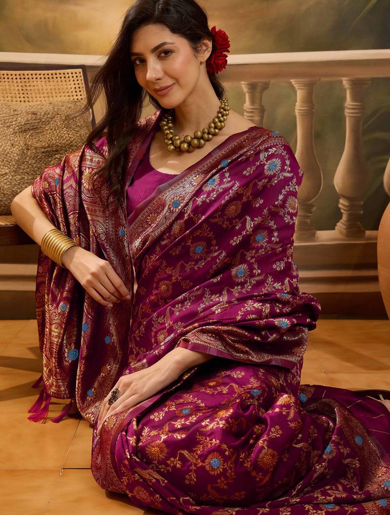 wine banarasi jacquard saree with golden zari weaving & tassel pallu     unstitched blouse