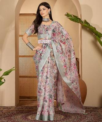 Pastel floral digital print linen silver zari saree with belt lightweight festive saree for women 1