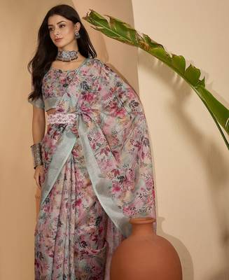 Pastel floral digital print linen silver zari saree with belt lightweight festive saree for women 2