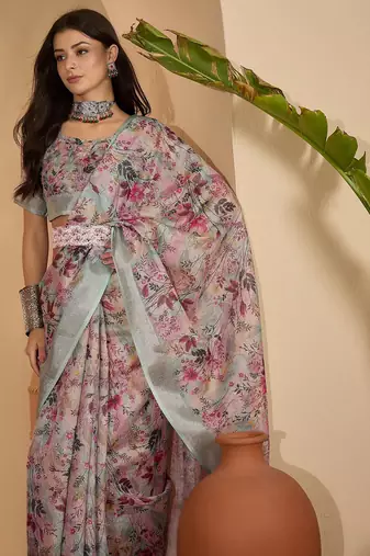 Pastel floral digital print linen silver zari saree with belt lightweight festive saree for women