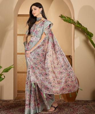 Pastel floral digital print linen silver zari saree with belt lightweight festive saree for women 3
